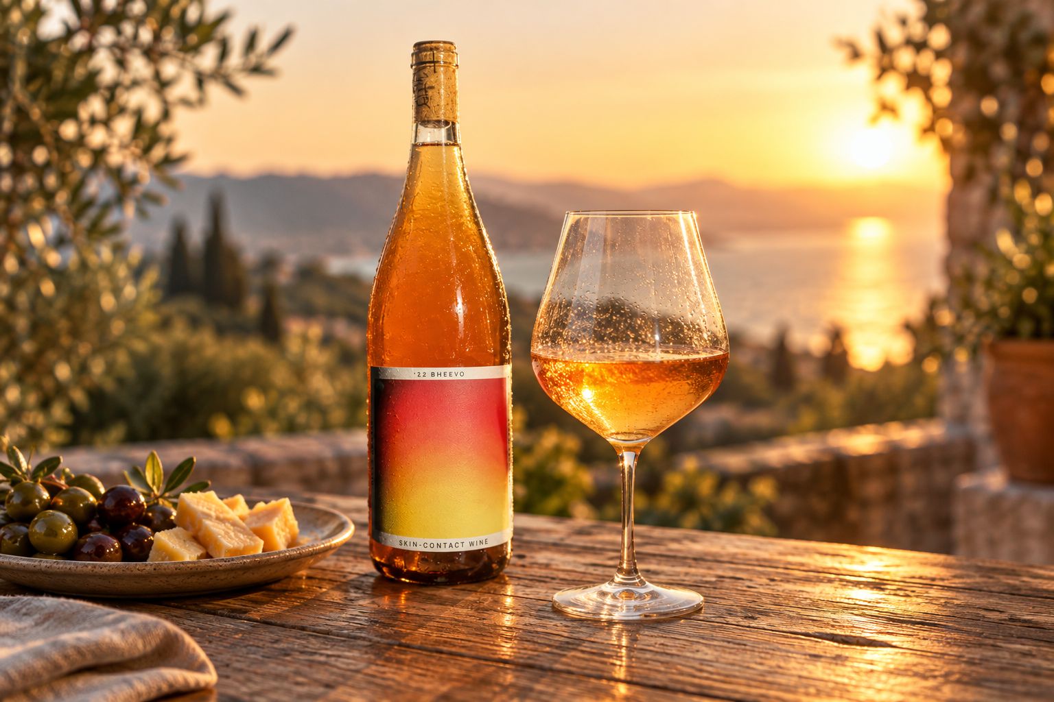 Bheeyo orange wine bottle and poured glass on an outdoor table at sunset