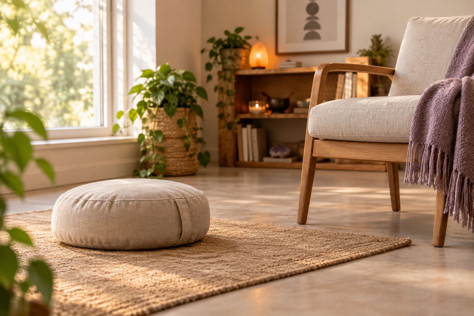 A meditation cushion on a floor mat beside a chair in a quiet home corner