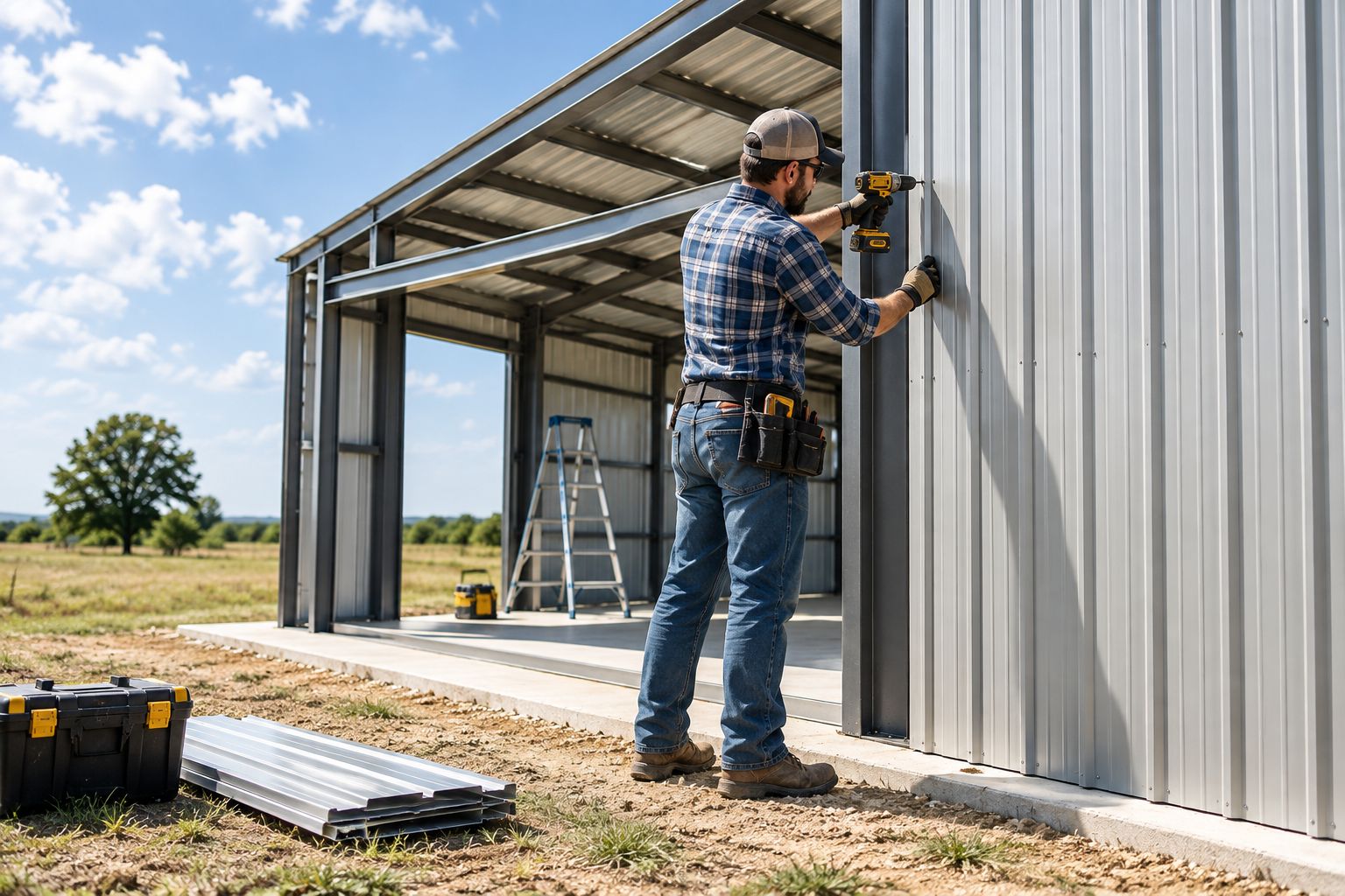 DIY builder bolting steel wall panels onto a garage kit frame