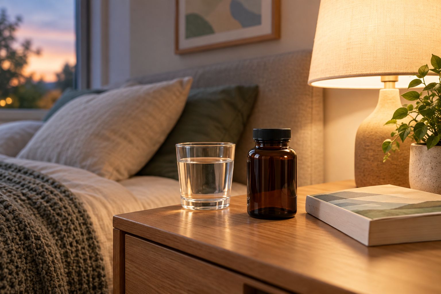 Nightstand with water and an unbranded supplement bottle prepared for an evening routine
