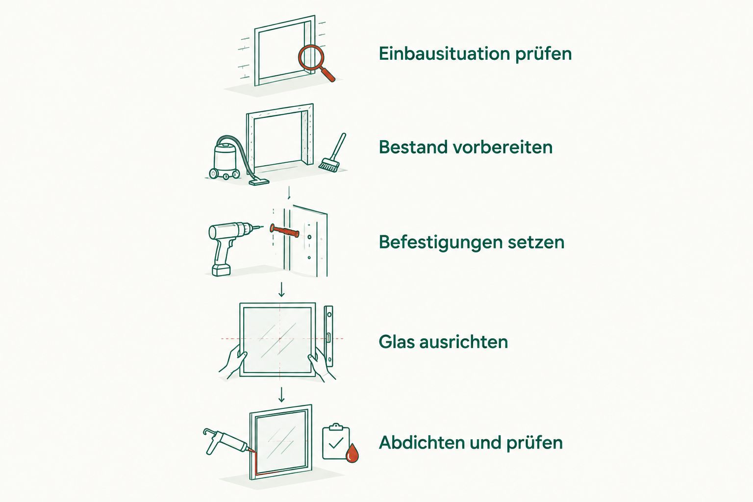 Ablauf vom Prüfen der Einbausituation bis zur Abdichtung und abschließenden Kontrolle