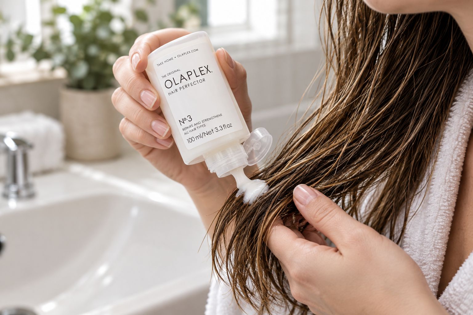 Olaplex No.3 Hair Perfector wird auf handtuchtrockenes Haar aufgetragen