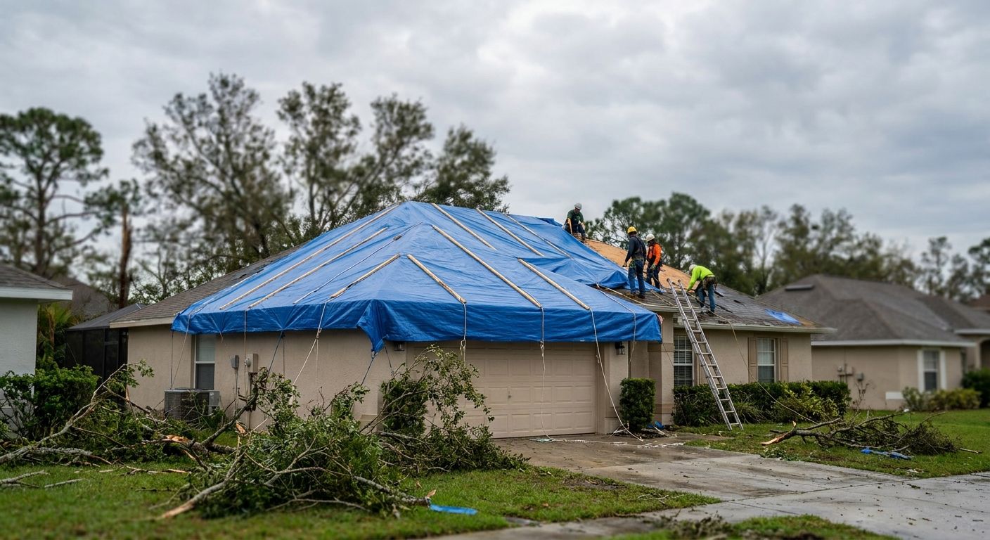 Emergency roof tarping after storm damage