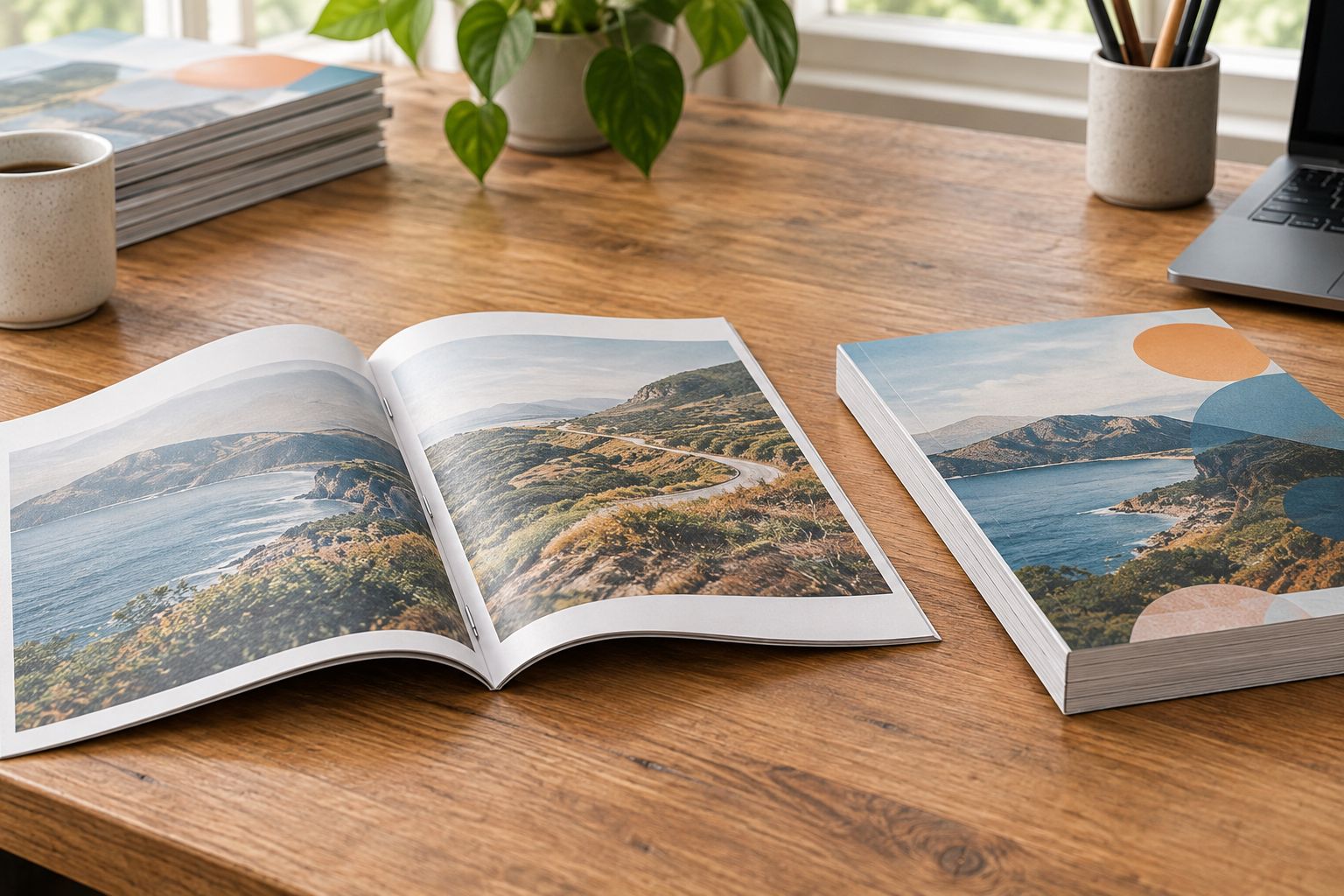 A stapled magazine opened at the center beside a thicker magazine with a squared spine