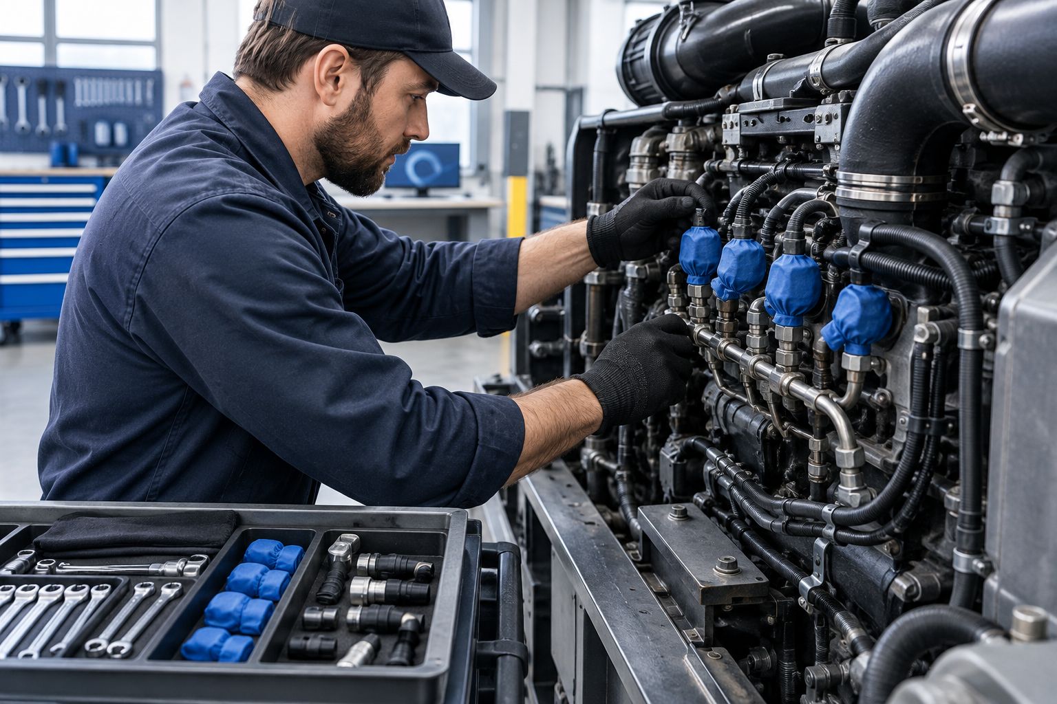Diesel mechanic preparing a stationary engine with protected connections and clear working access