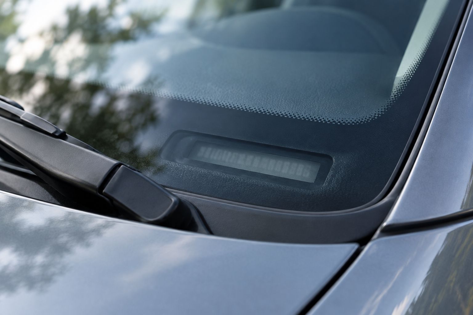 Vehicle identification plate visible through the lower driver-side corner of a windshield