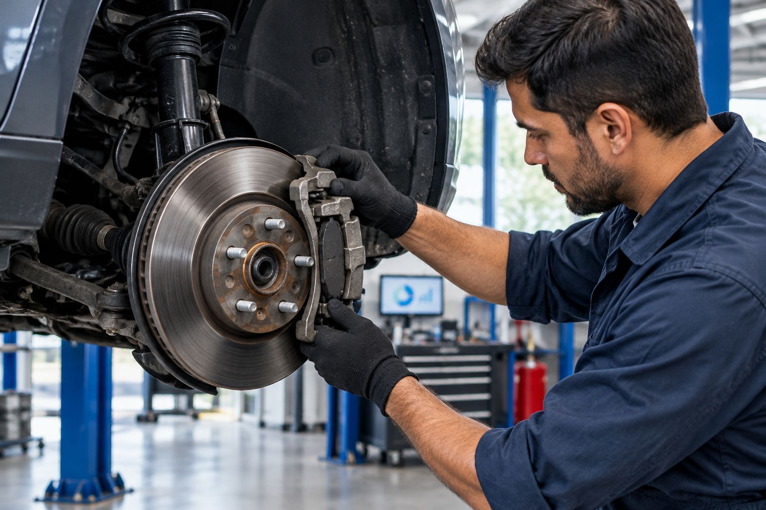 Exposed car brake rotor, caliper, and pad with the wheel removed