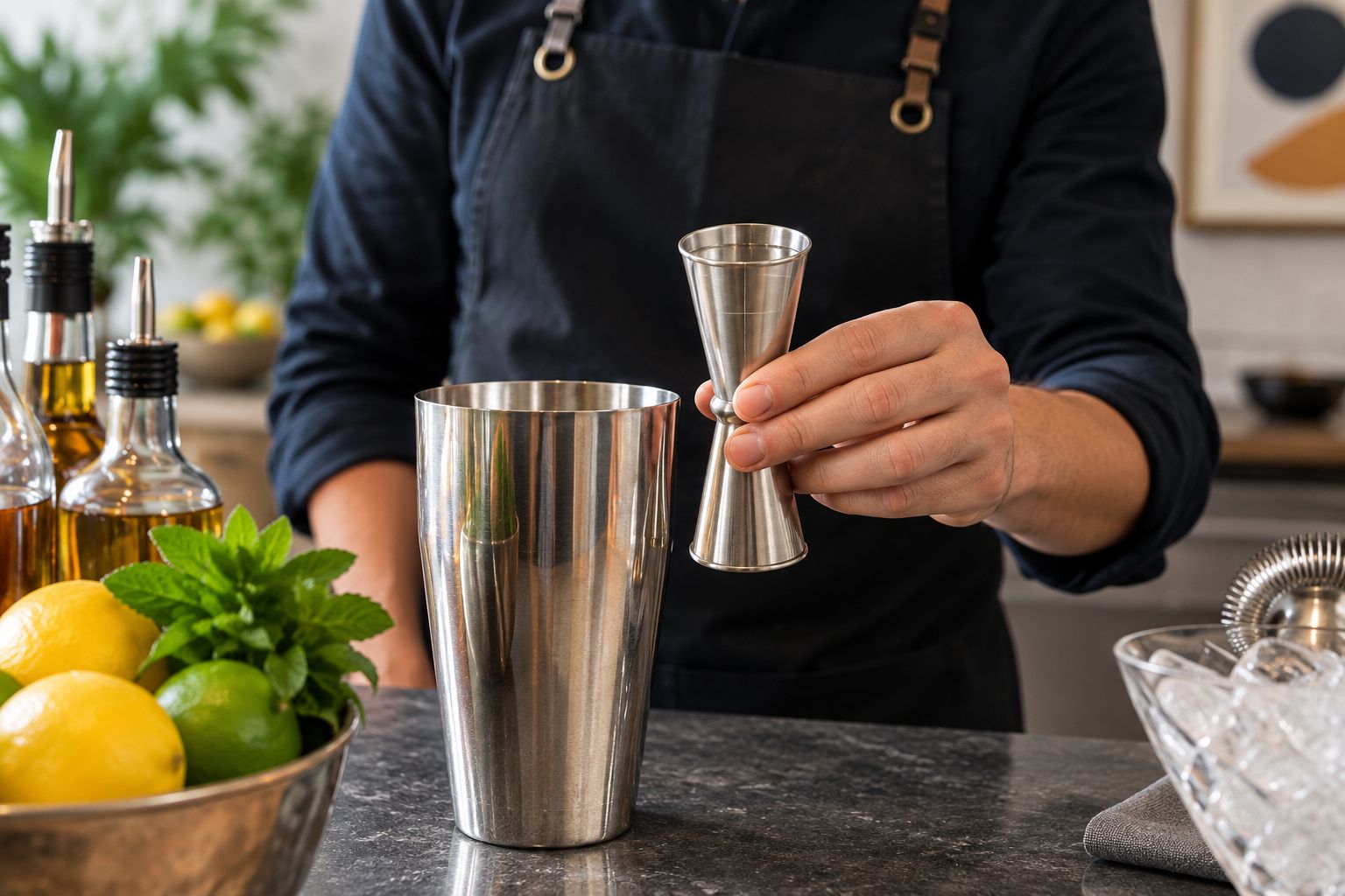 A level metal jigger with liquid meeting an internal fill line beside a shaker tin