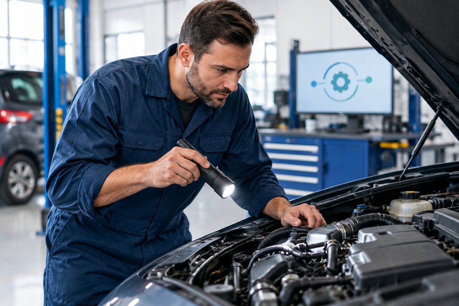 Technician inspecting an engine component with a handheld light