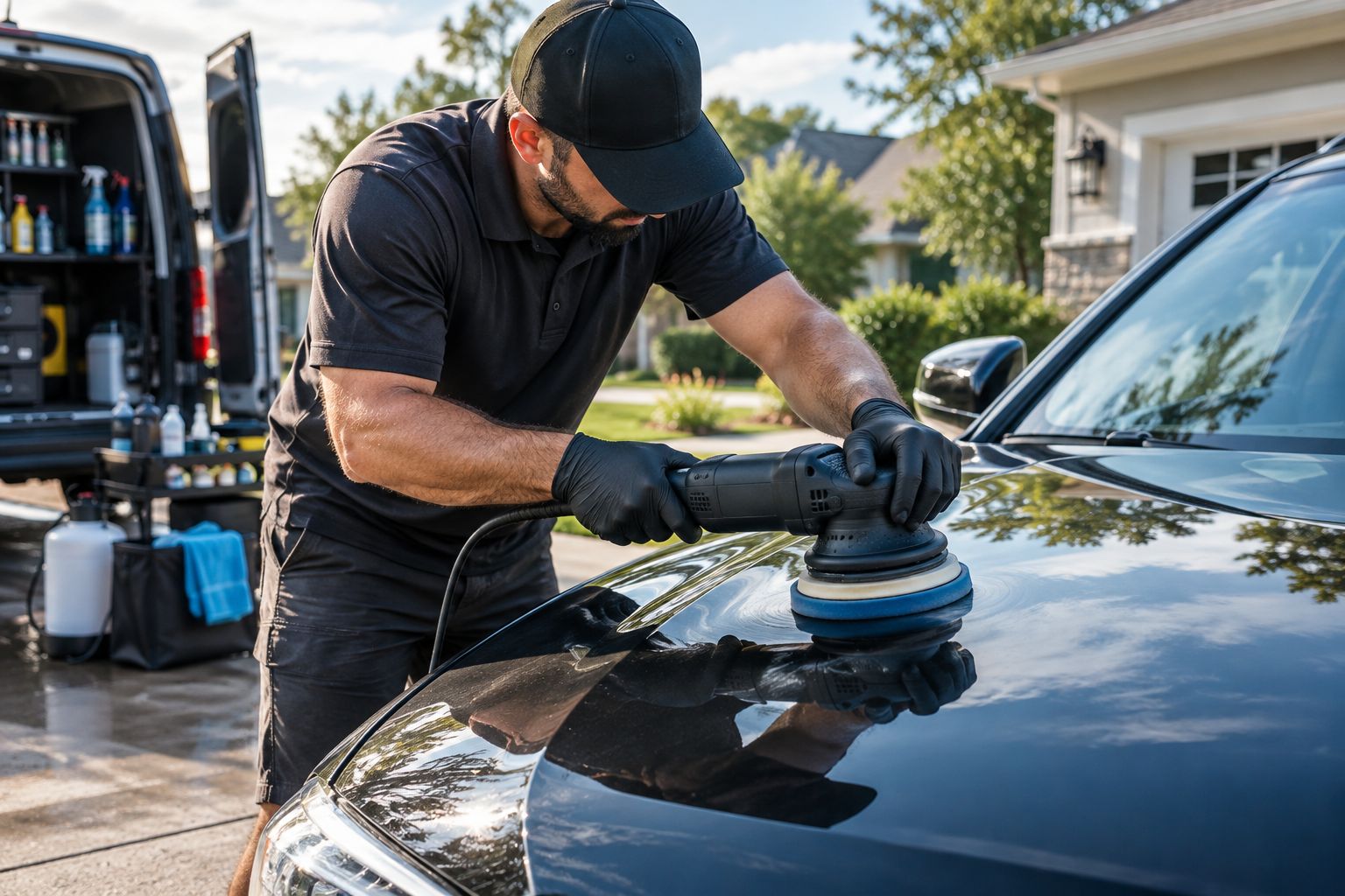 Technician performing paint correction on a car hood in a driveway