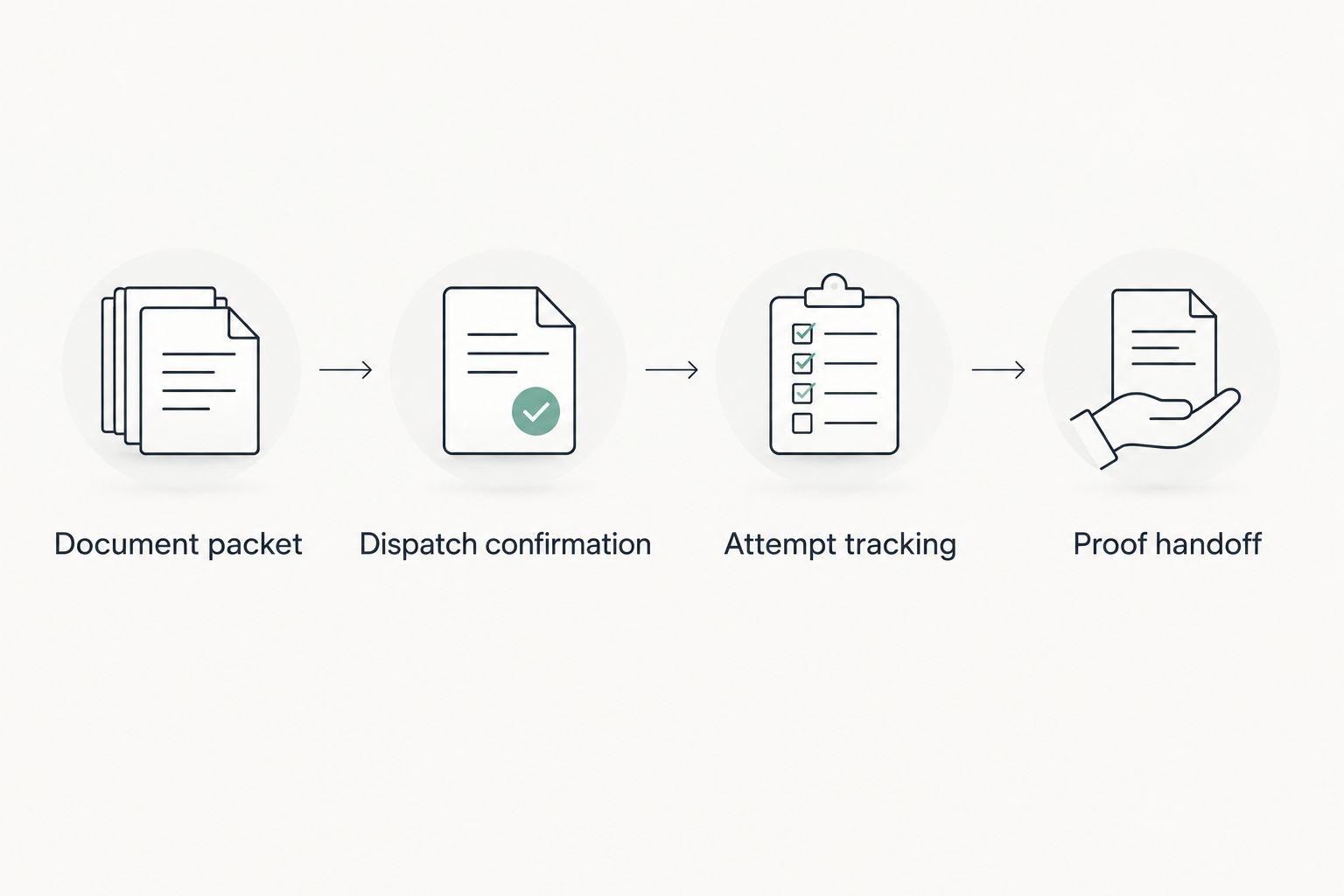 Four-stage workflow from document packet to dispatch confirmation, attempt tracking, and proof handoff.