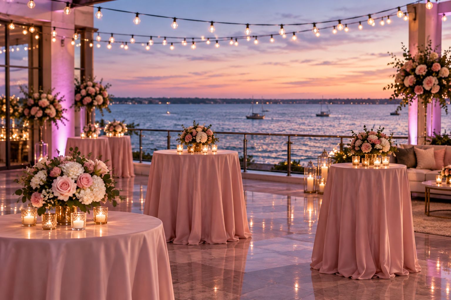 Waterfront banquet terrace set up for an evening cocktail hour