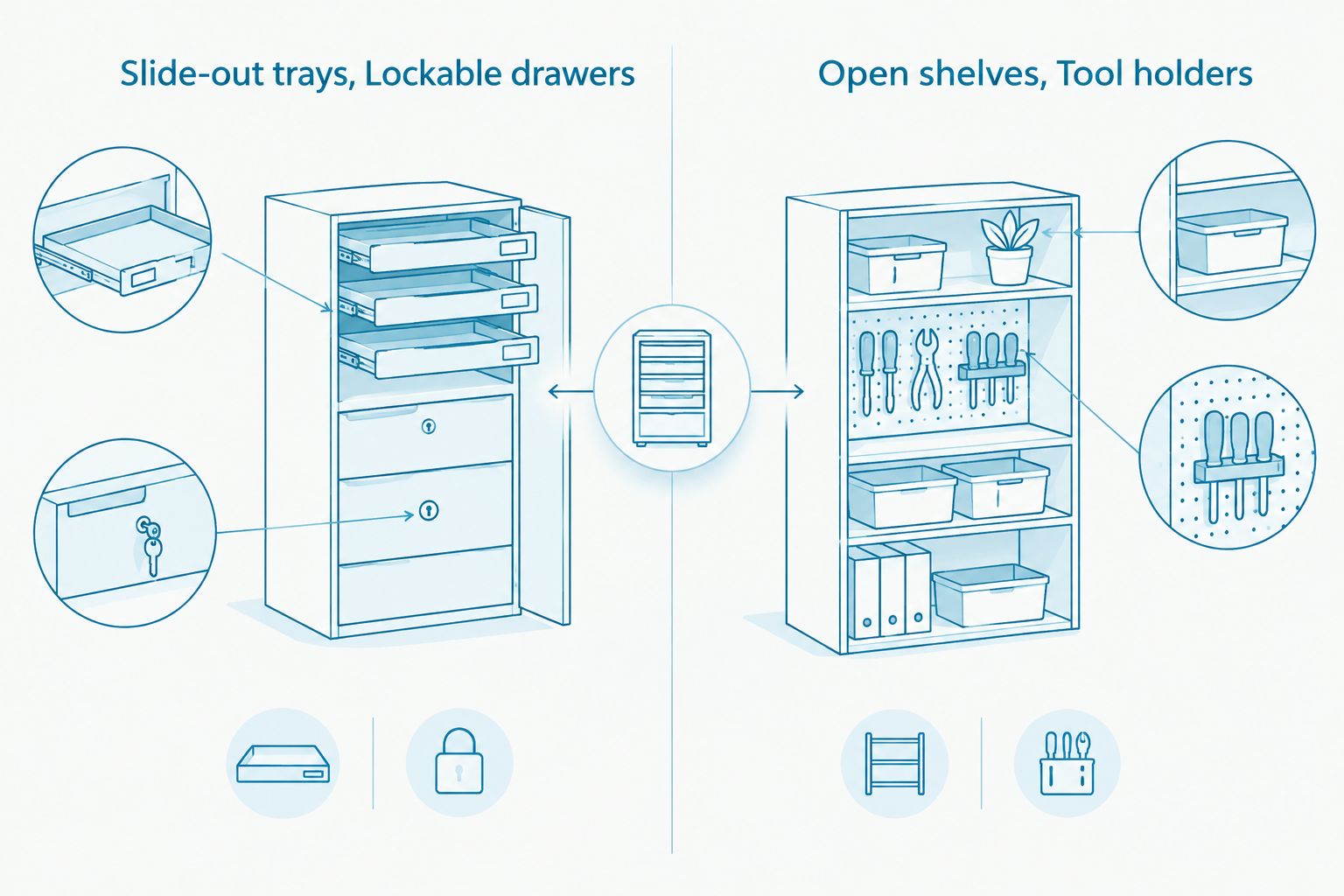 Two-column comparison of enclosed trolley storage and open-access storage