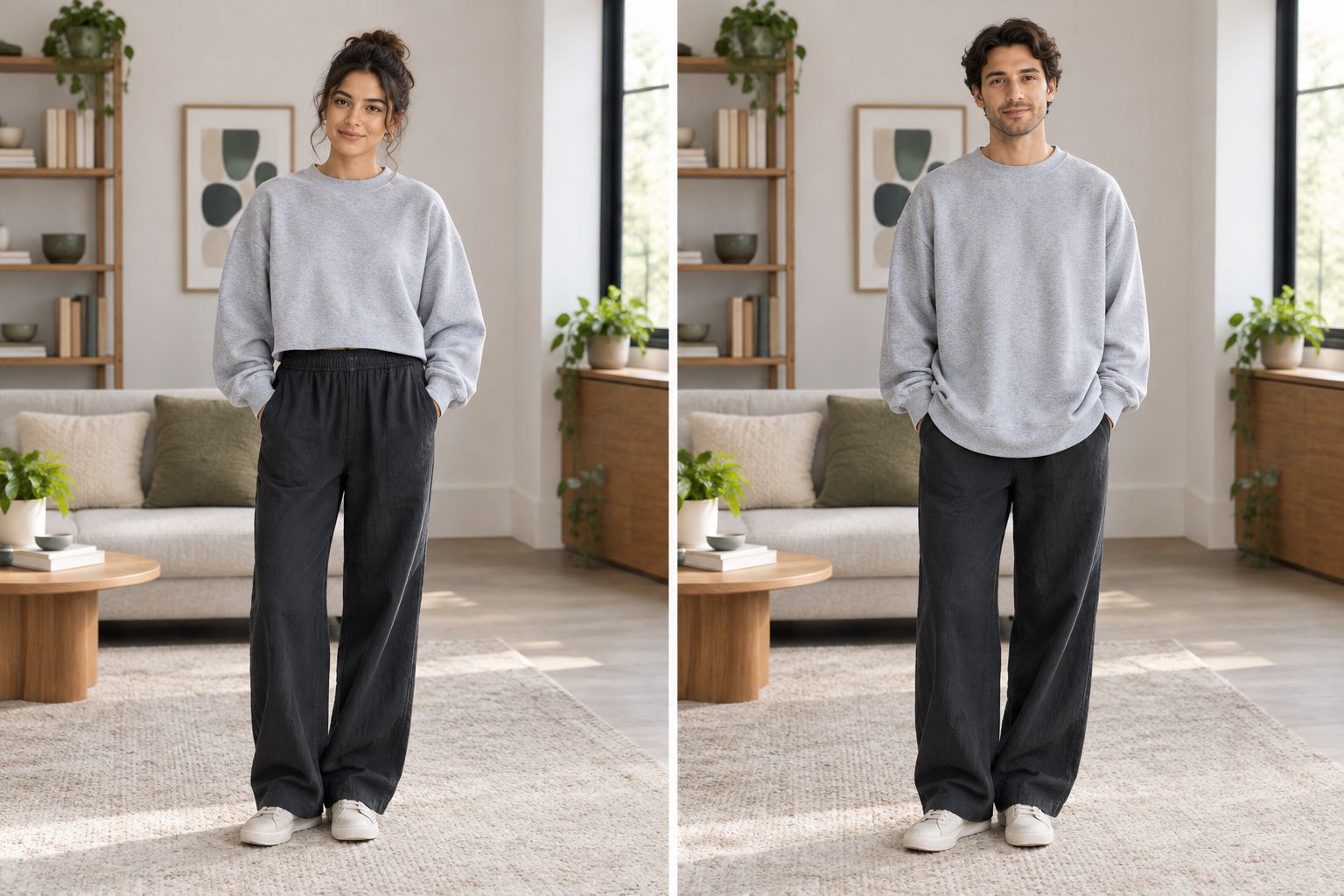 Shorter and longer crewneck silhouettes showing different amounts of waistband coverage