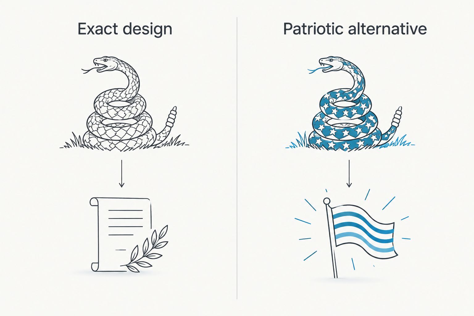 Comparison of a coiled rattlesnake design and a broader freedom-message shirt