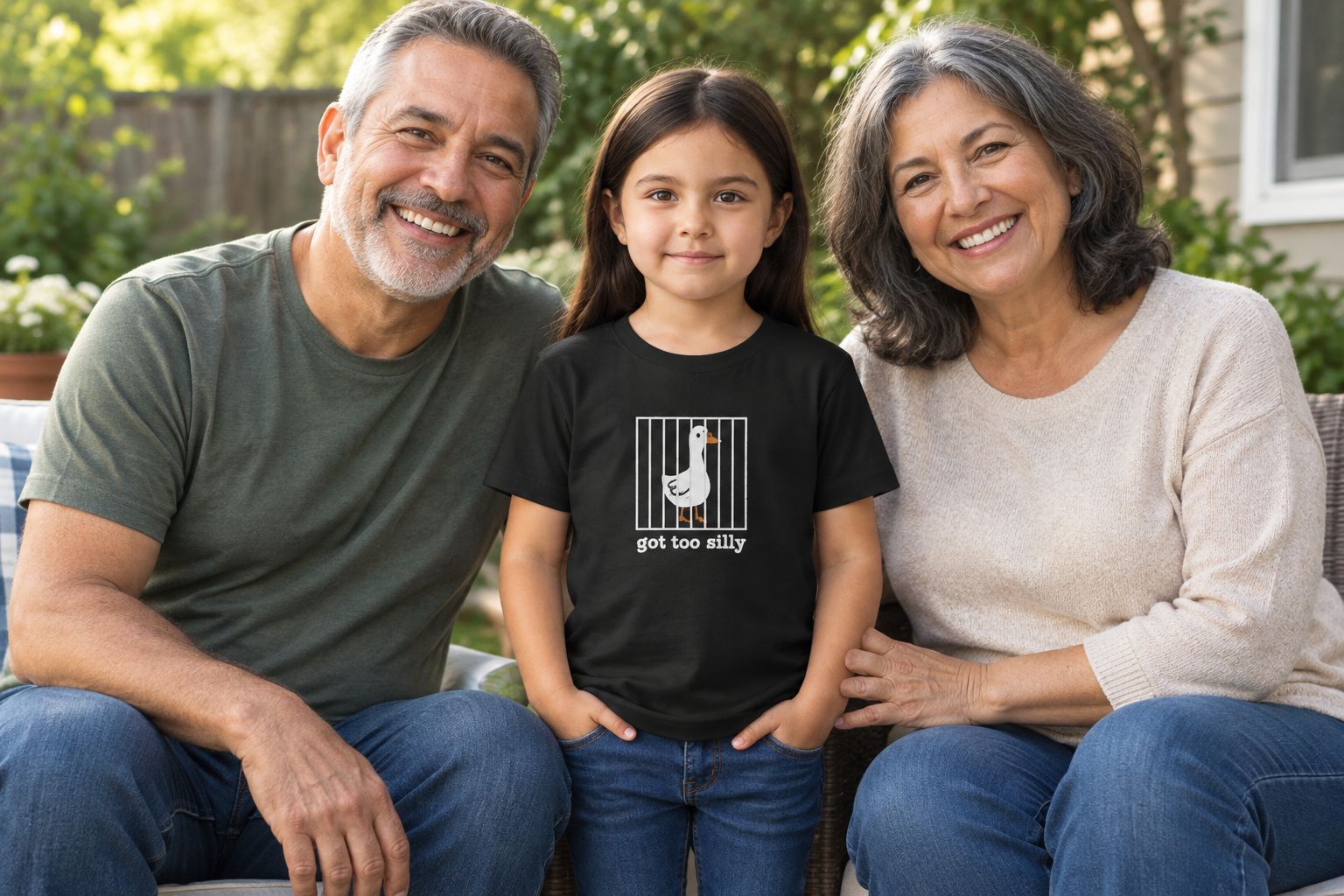Toddler wearing the featured tee beside adults in plain clothing during a backyard family photo