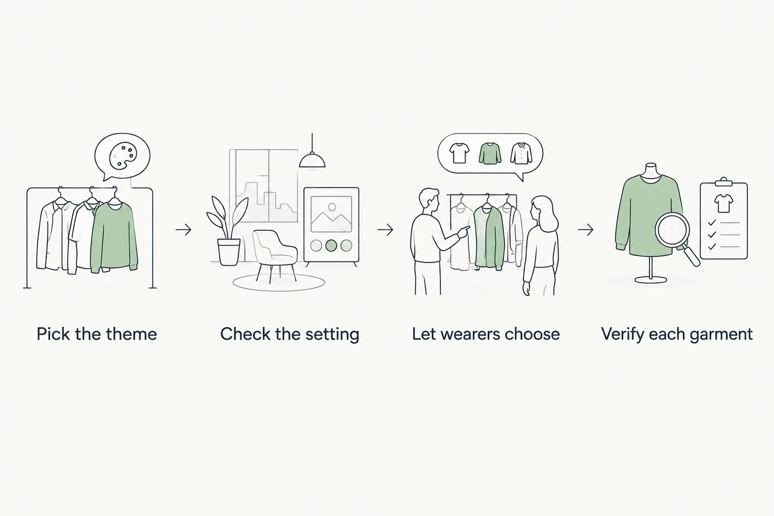 Four steps for choosing coordinated family shirts, from theme selection to checking each garment