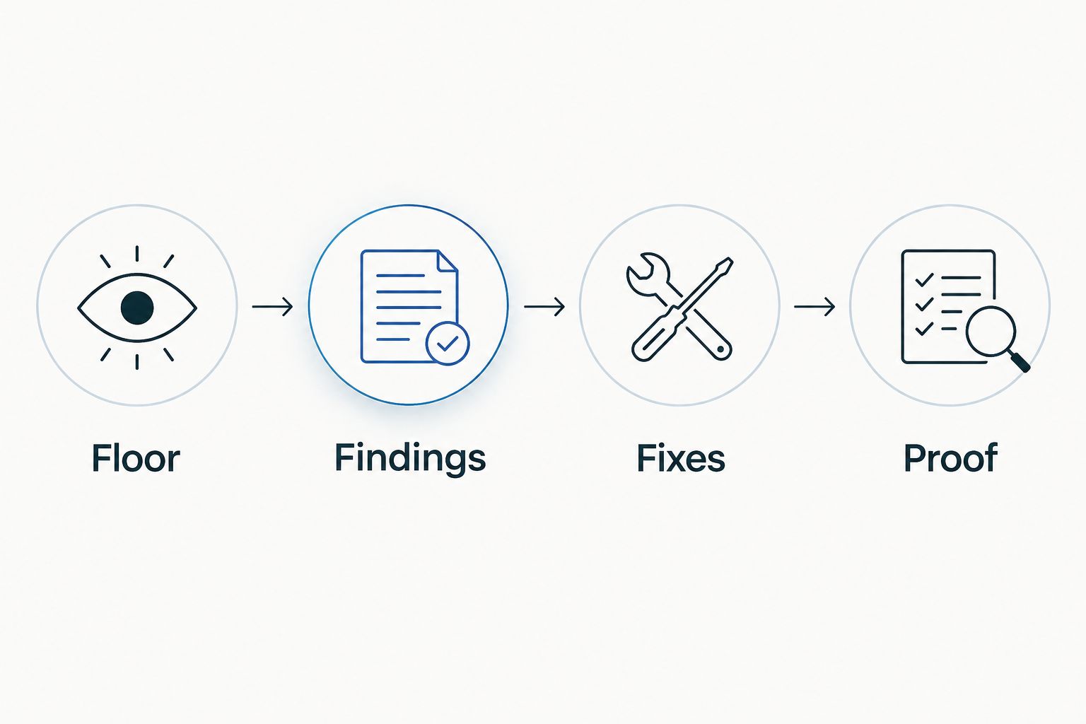 Four-step sequence from floor conditions through findings and fixes to proof