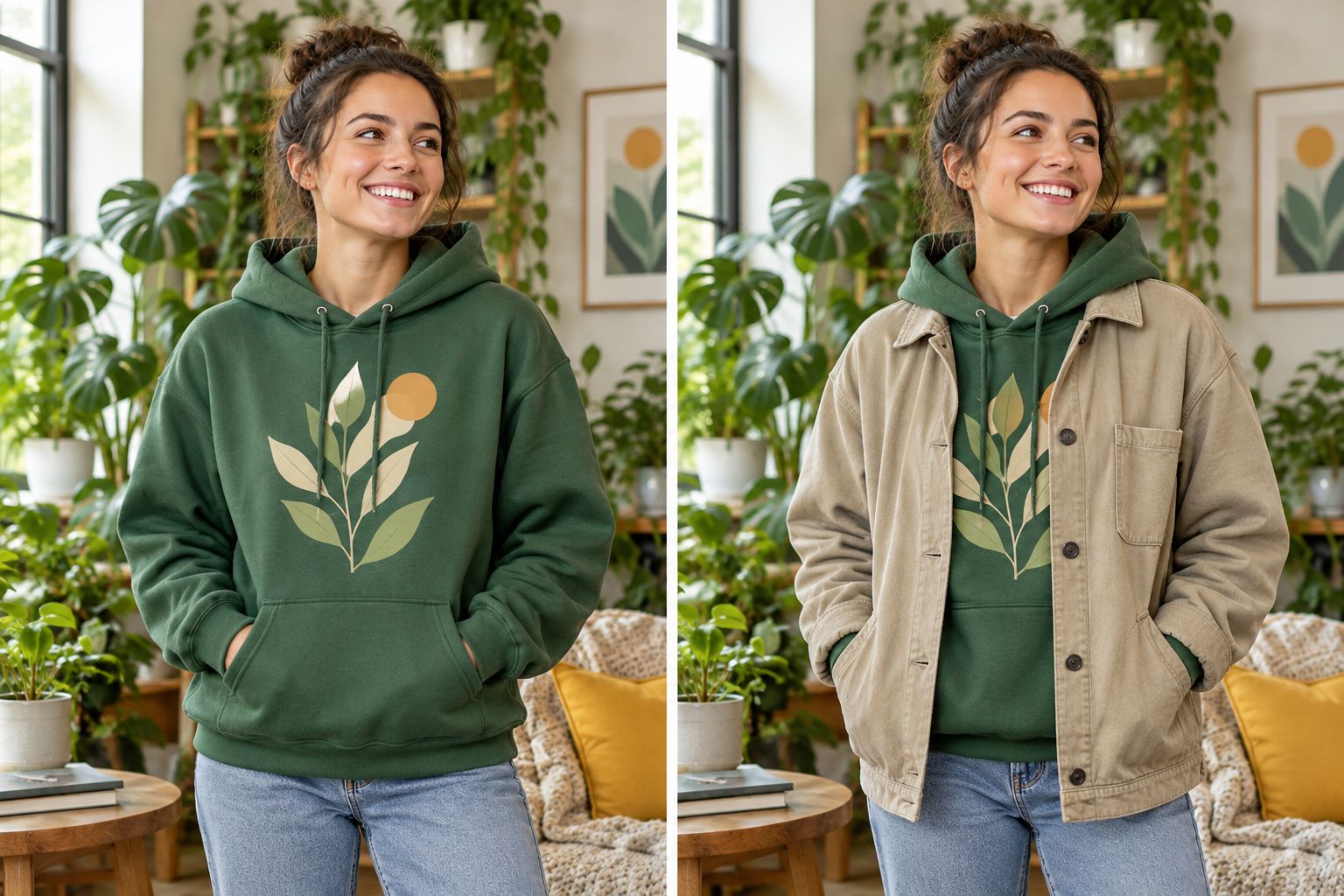 A hoodie worn alone and under an open jacket, showing how layering changes graphic visibility