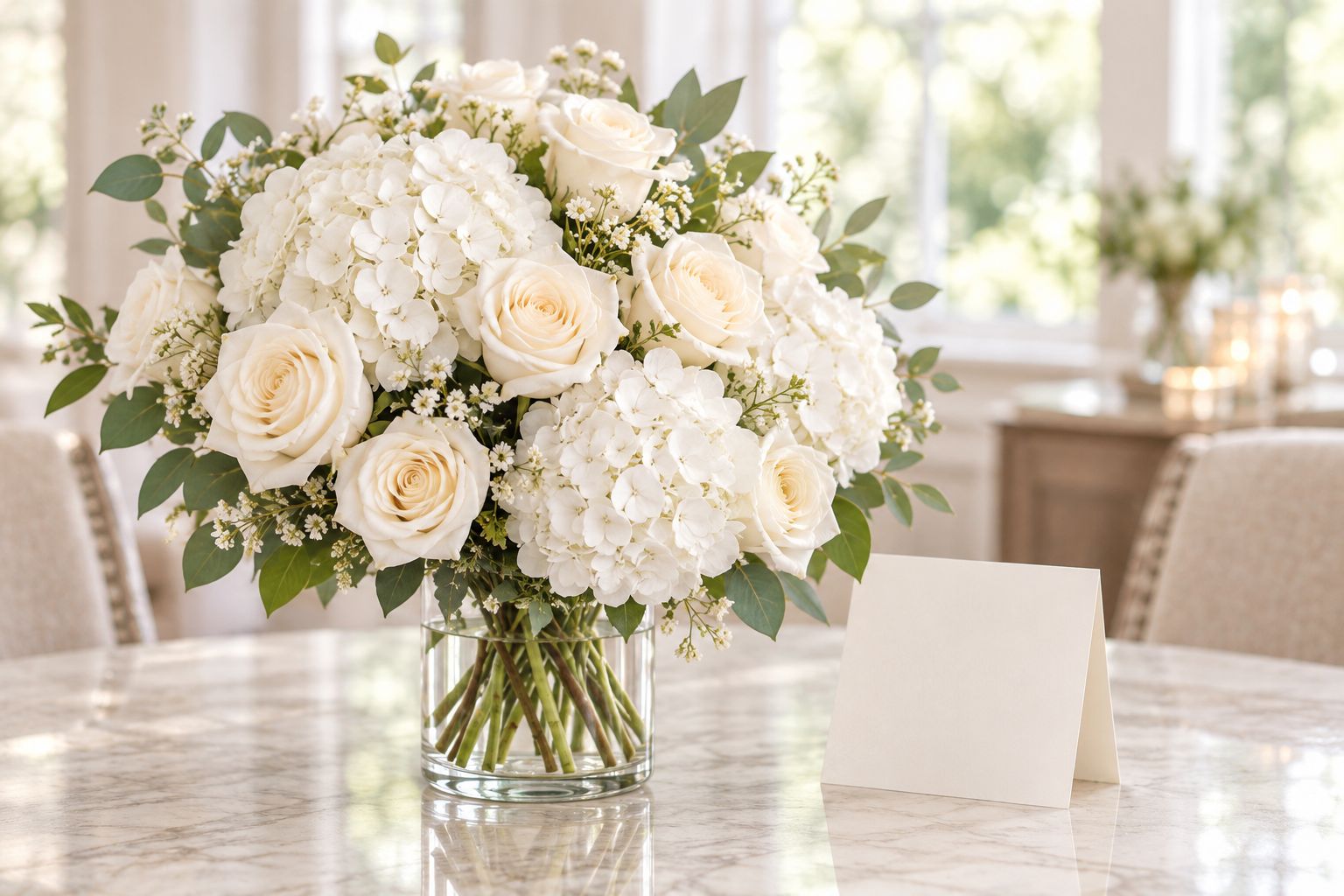 White hydrangeas and roses in a vase beside an unmarked greeting card
