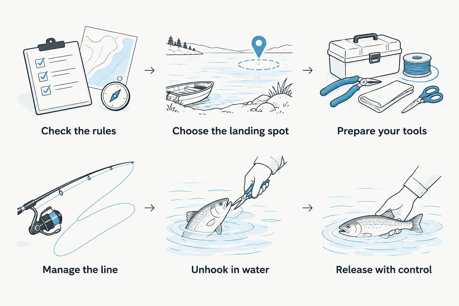 Catch-and-release sequence from checking fishing rules to releasing a fish with control