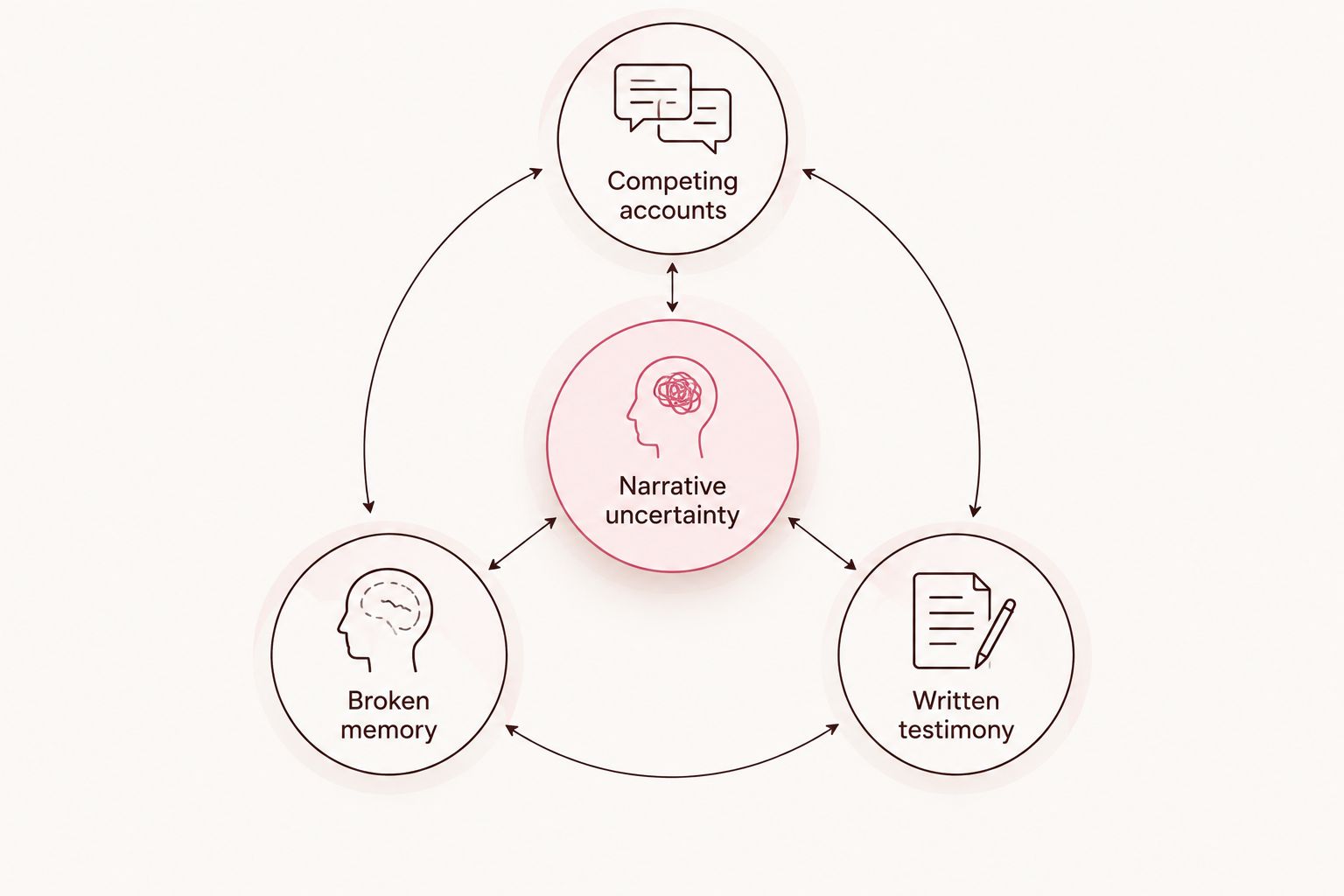 Three sources of narrative uncertainty: competing accounts, broken memory, and written testimony.
