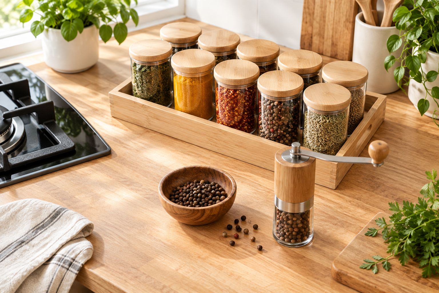 Whole pepper measured into a dry bowl beside a grinder, separate from closed storage containers