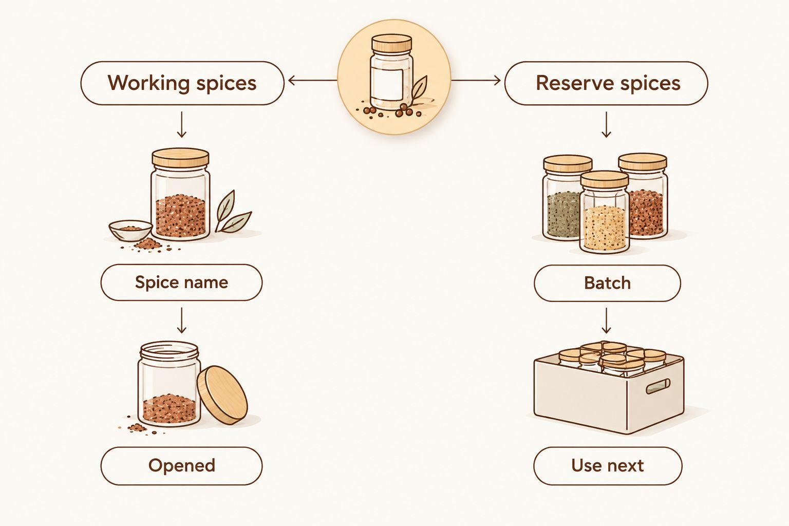 Working spice containers and reserve packets with the information each needs