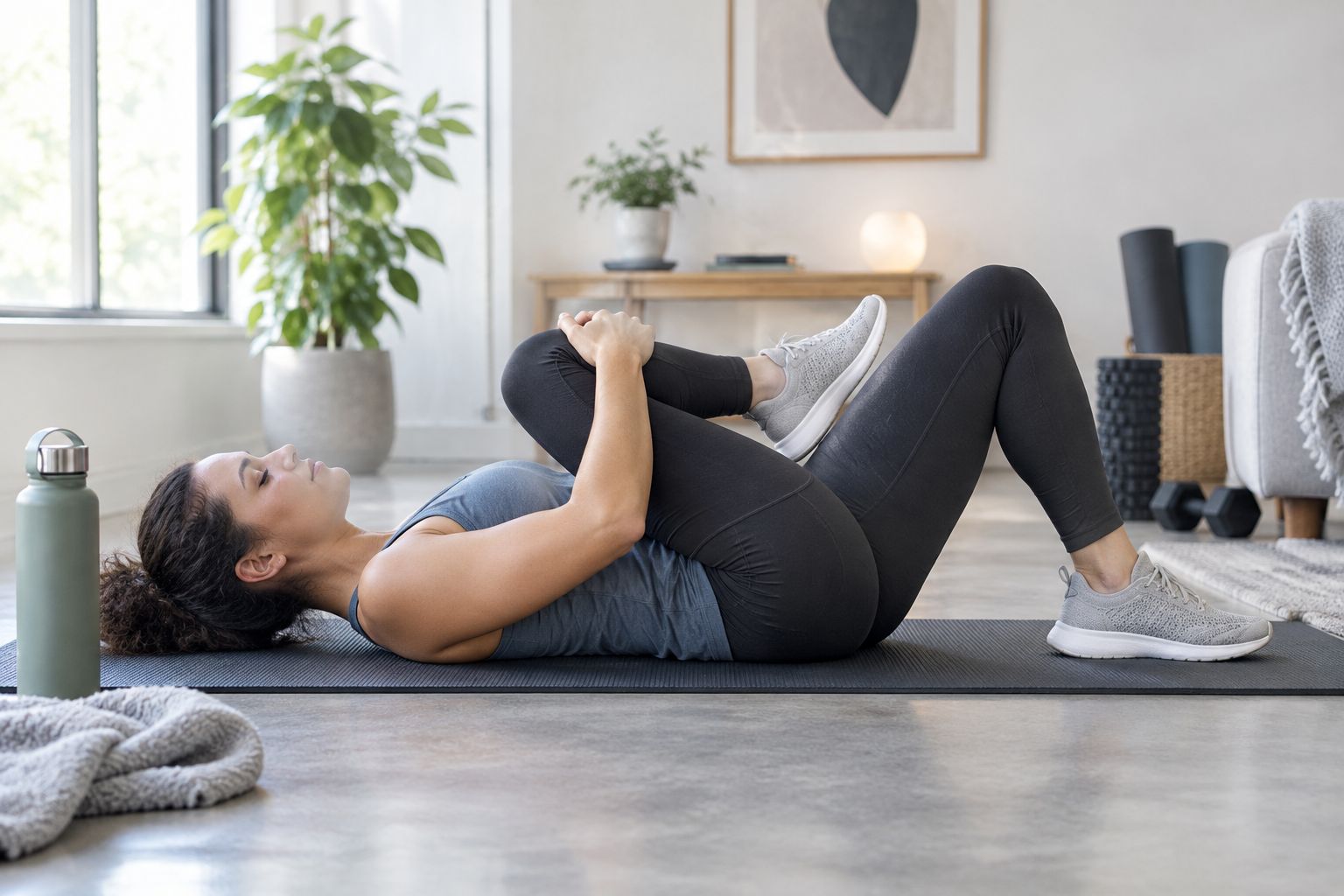 A person lying on a mat in a supported, gentle knee-to-chest position