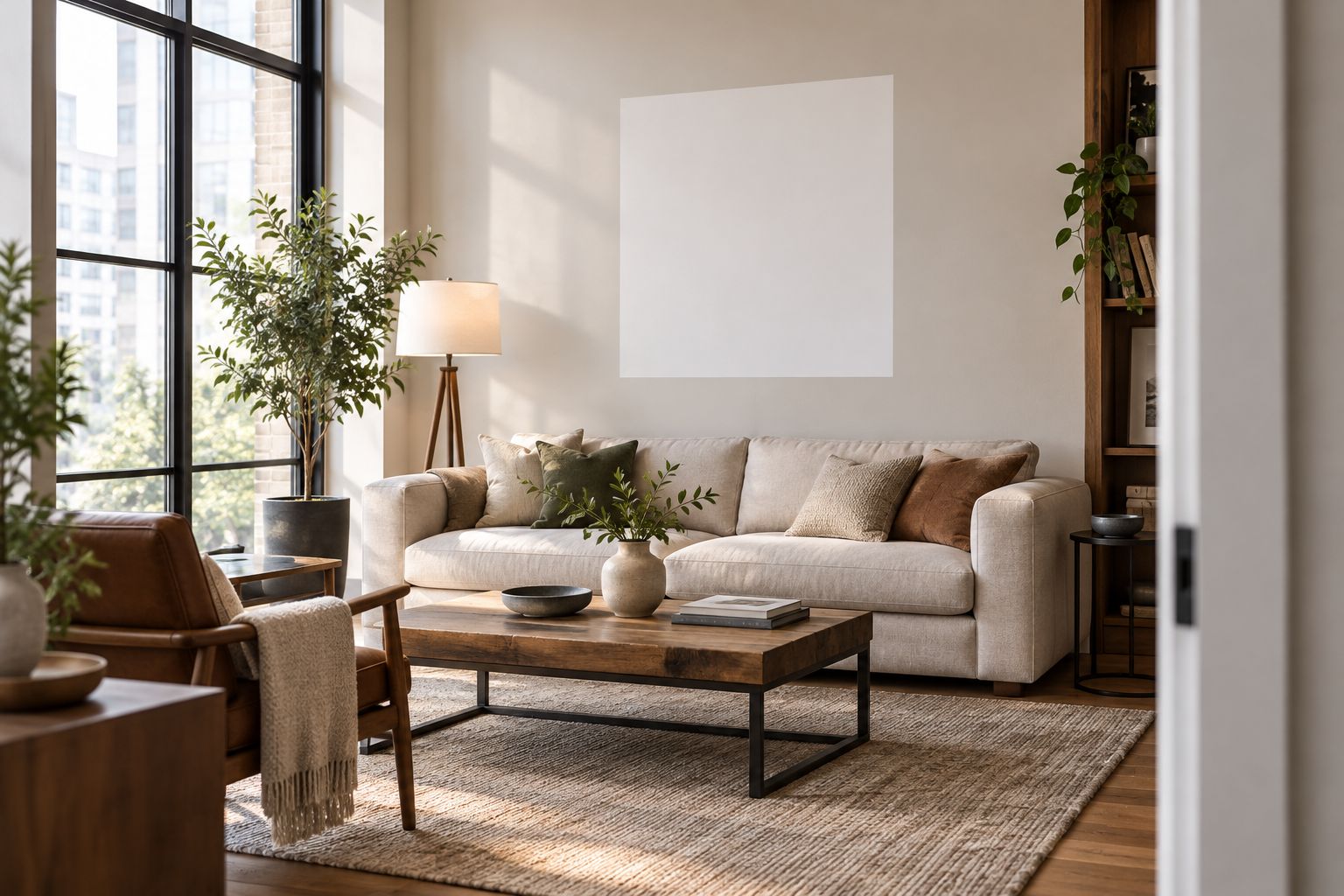 Paper artwork template above a sofa showing the proposed framed footprint