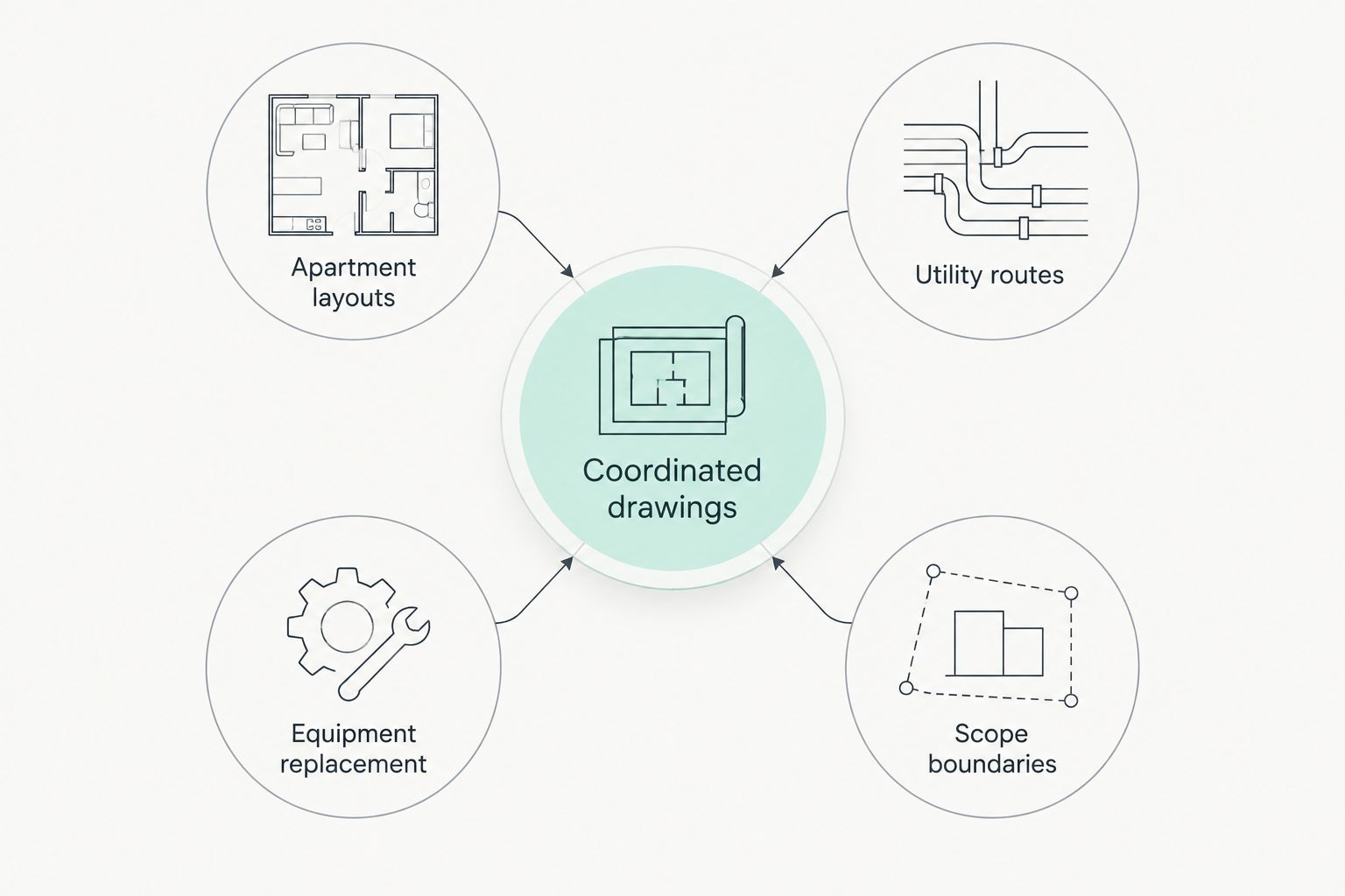 Coordinated drawings connect apartment layouts, utility routes, equipment replacement, and scope boundaries.