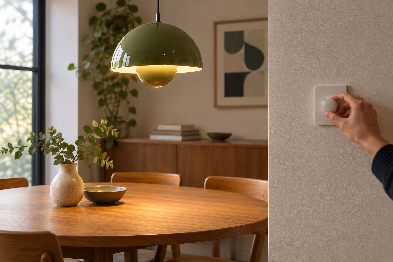 Lampada a sospensione in stile Flowerpot con luce calda sopra un tavolo da pranzo