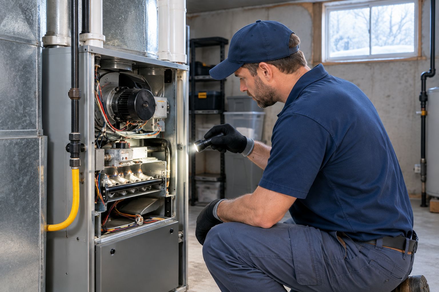 Technician inspecting a residential furnace burner assembly before winter