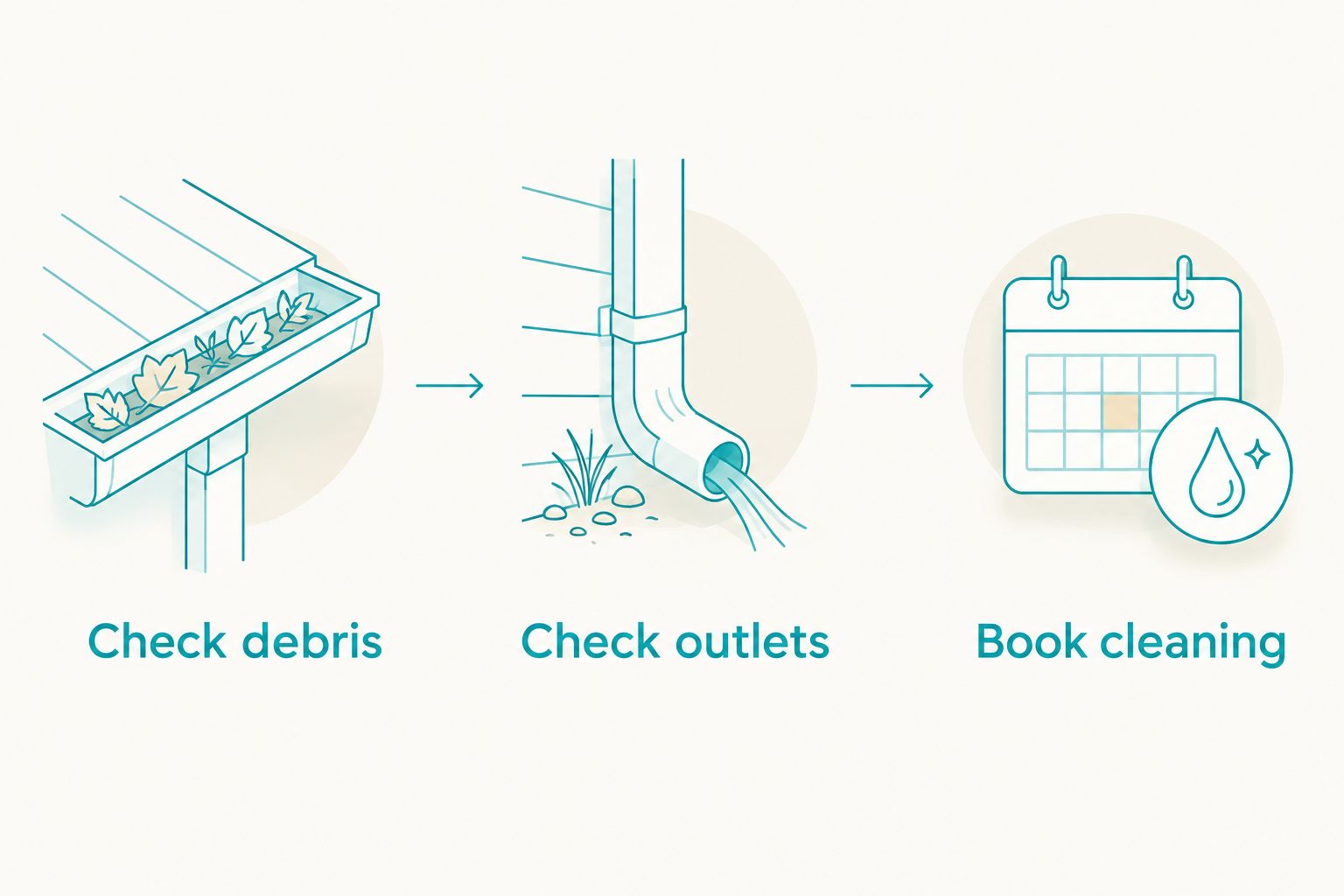 Three steps for deciding when to book gutter cleaning: check debris, check outlets, and book cleaning.