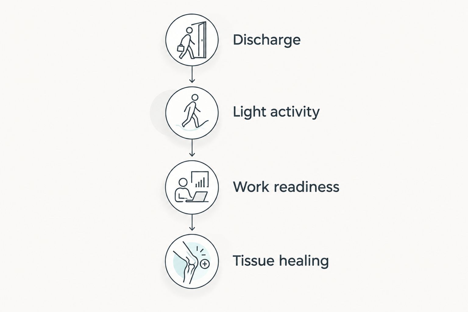 Four distinct recovery milestones: discharge, light activity, work readiness, and tissue healing