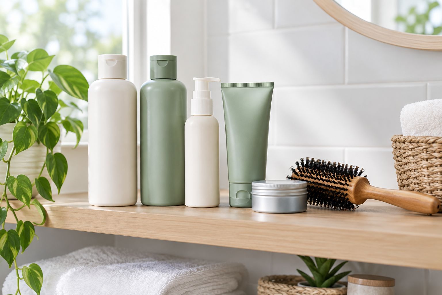 Shelf of professional-style haircare and grooming products at home