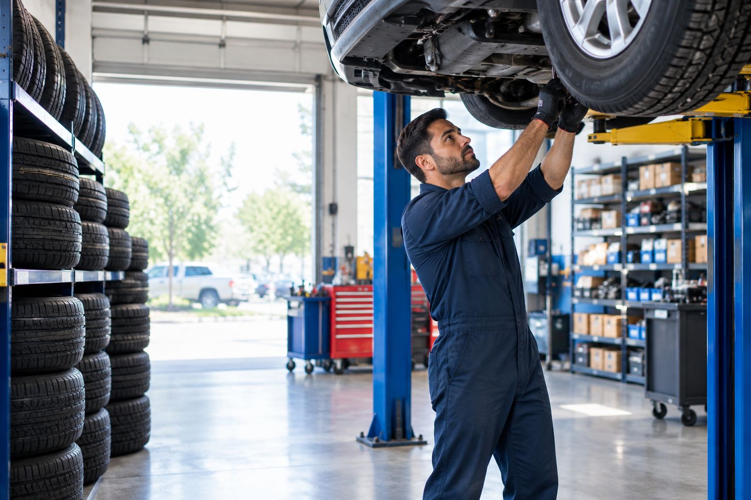 Tire and auto service shop bay with stacked tire inventory and a vehicle on a lift