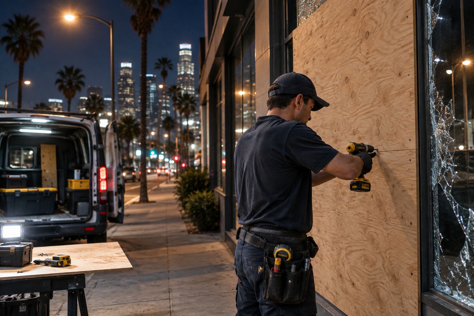 Worker boarding up a broken storefront window at night in Los Angeles