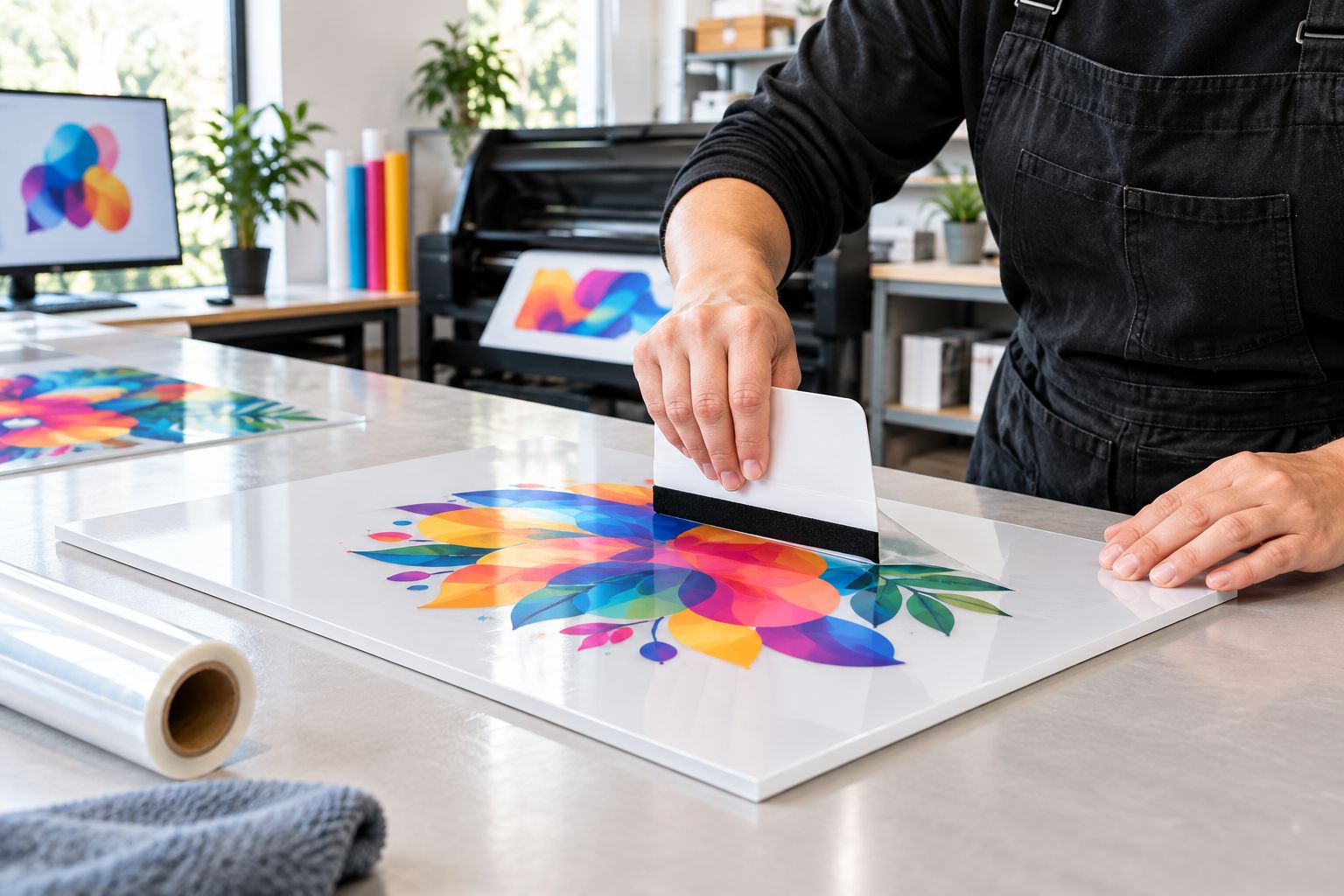 Hands applying a transfer to a supported rigid display panel