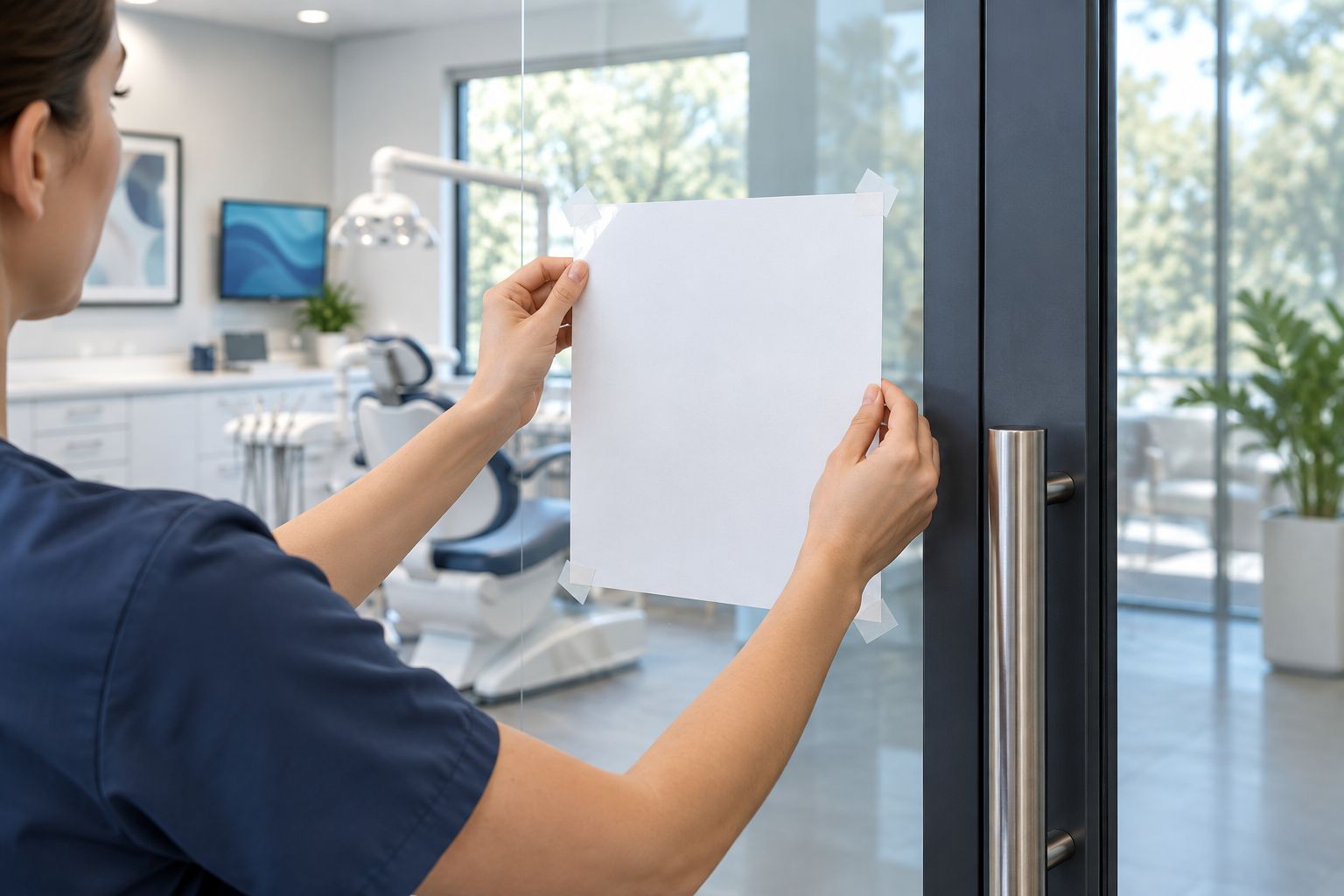 A paper layout aligned on an office glass door with clear space around the handle