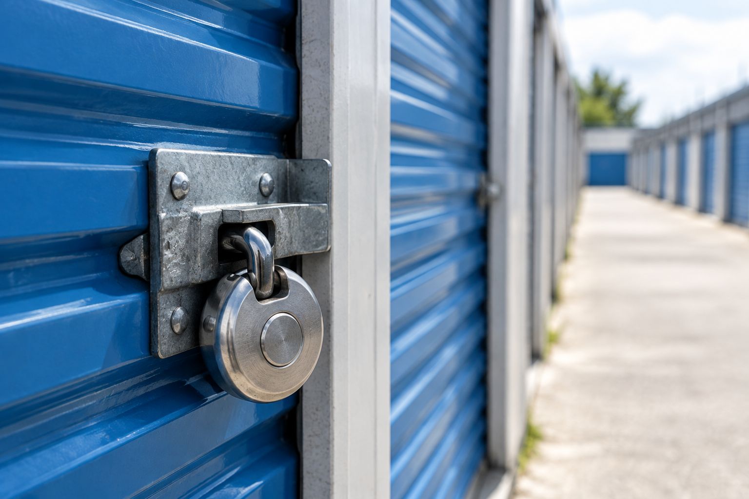 Disc padlock seated on a metal roll-up storage door latch