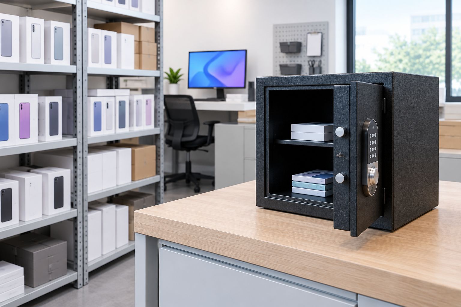 Retail back-office safe with clear door swing and handset-sized boxes on nearby shelving