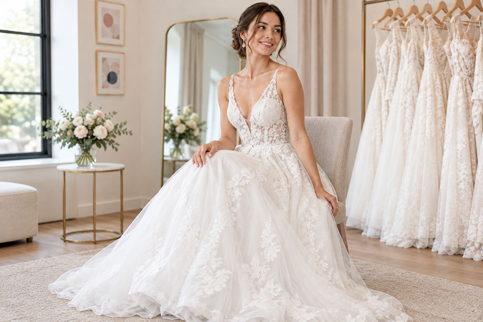 A bride sitting in a wedding gown to assess comfort through the bodice and waist