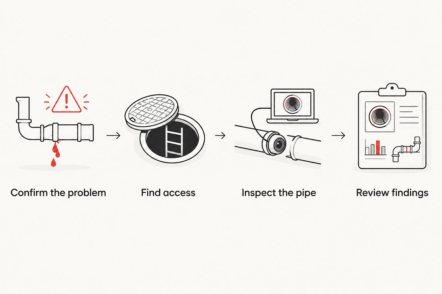 Sewer camera appointment steps from confirming the problem to reviewing findings
