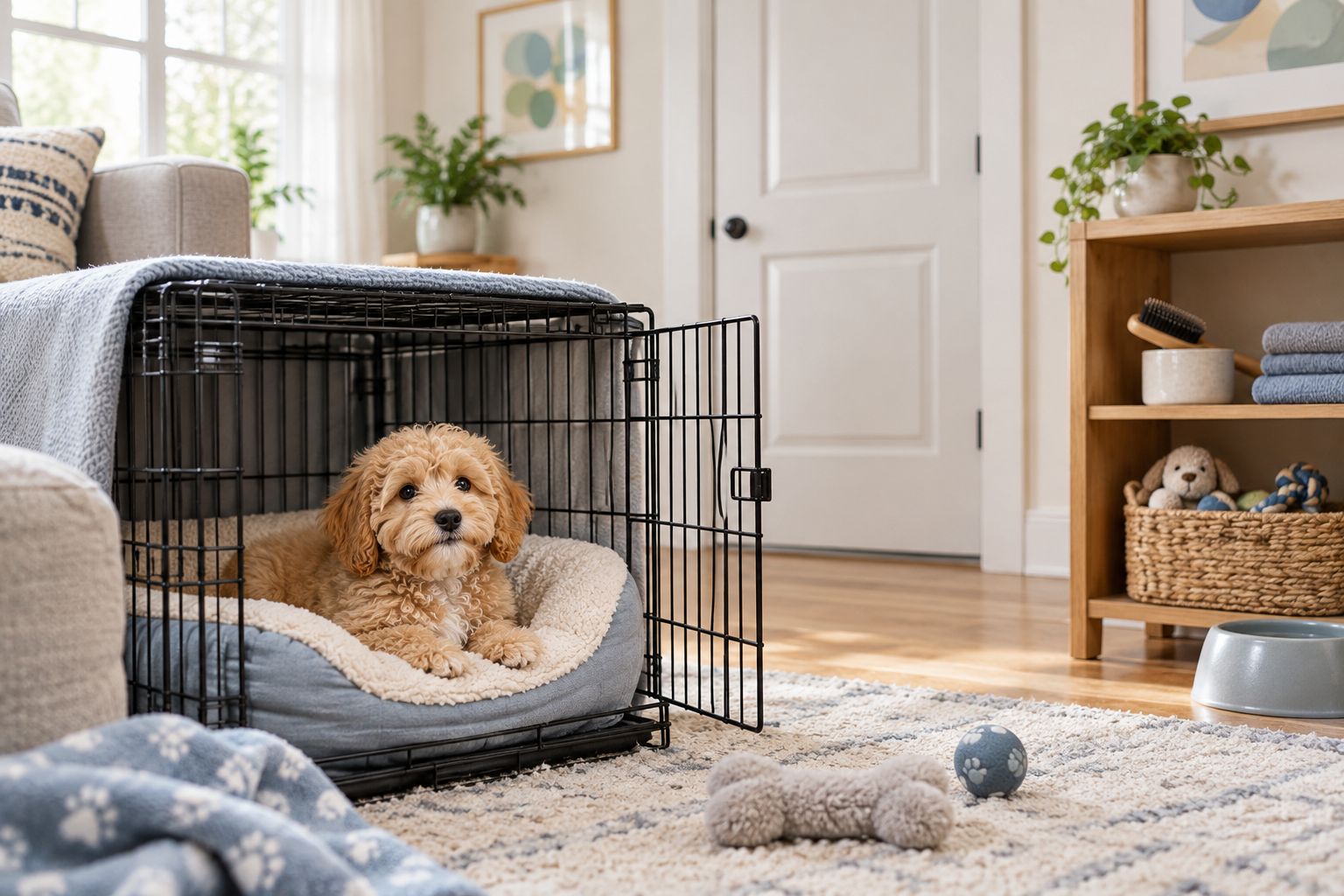 A puppy resting area with washable bedding, stored grooming supplies, and a separate bedroom