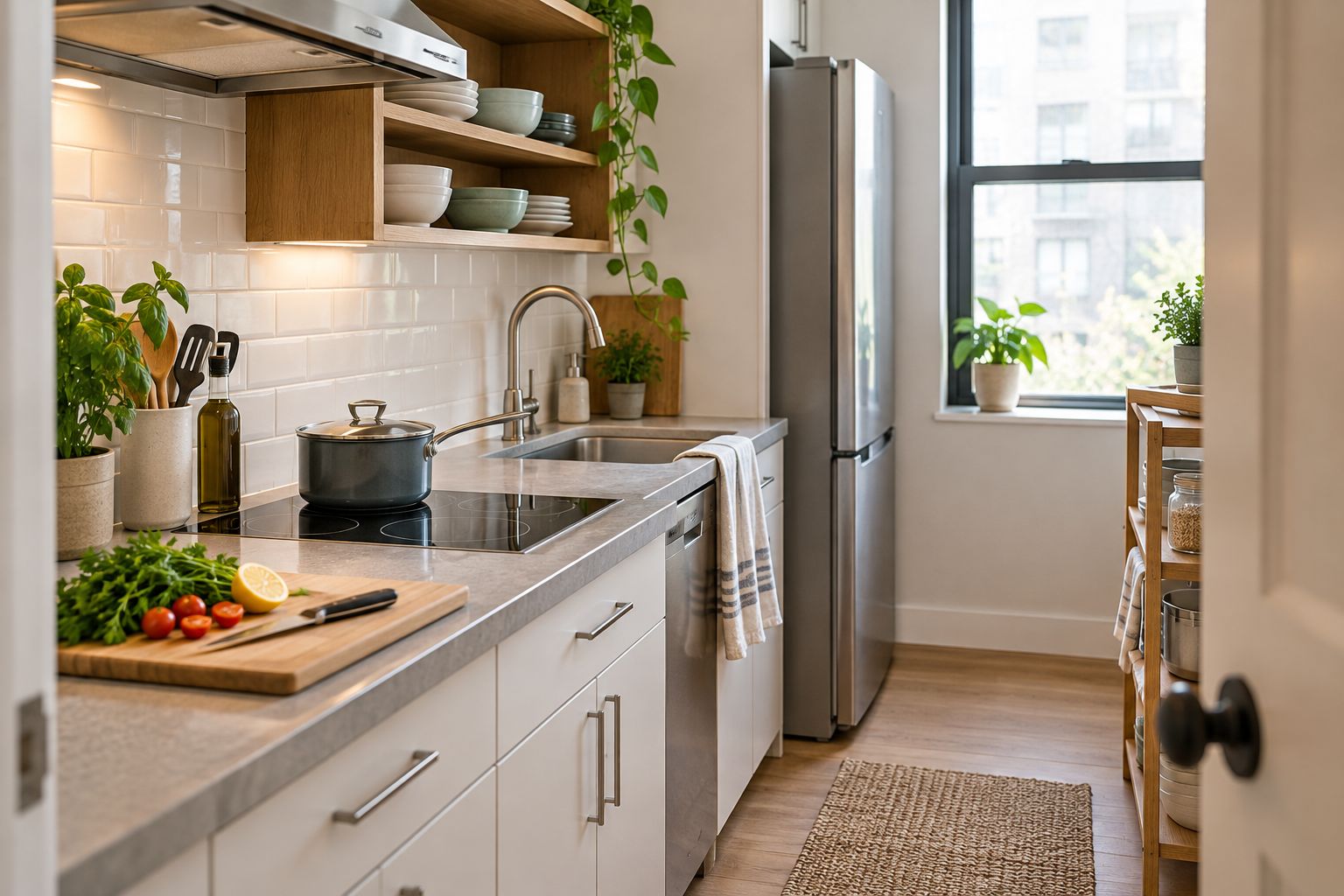 Small apartment kitchen with basic cookware, accessible bowls, and a clear preparation area
