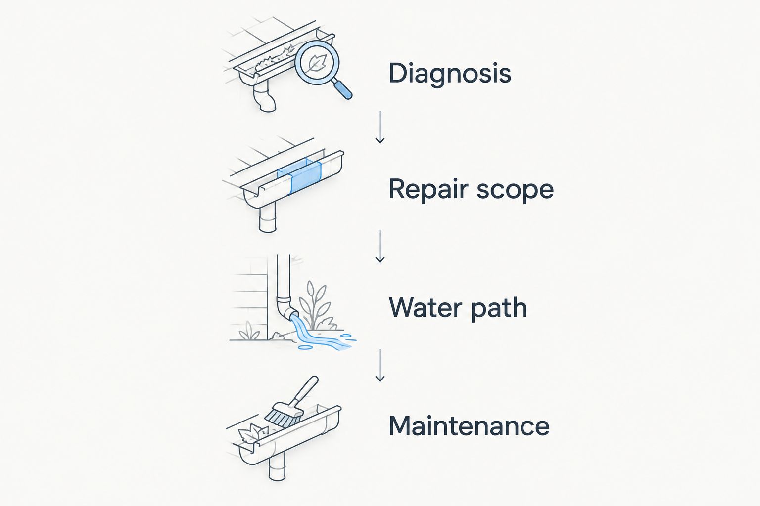 Four proposal checks: diagnosis, repair scope, water path, and maintenance