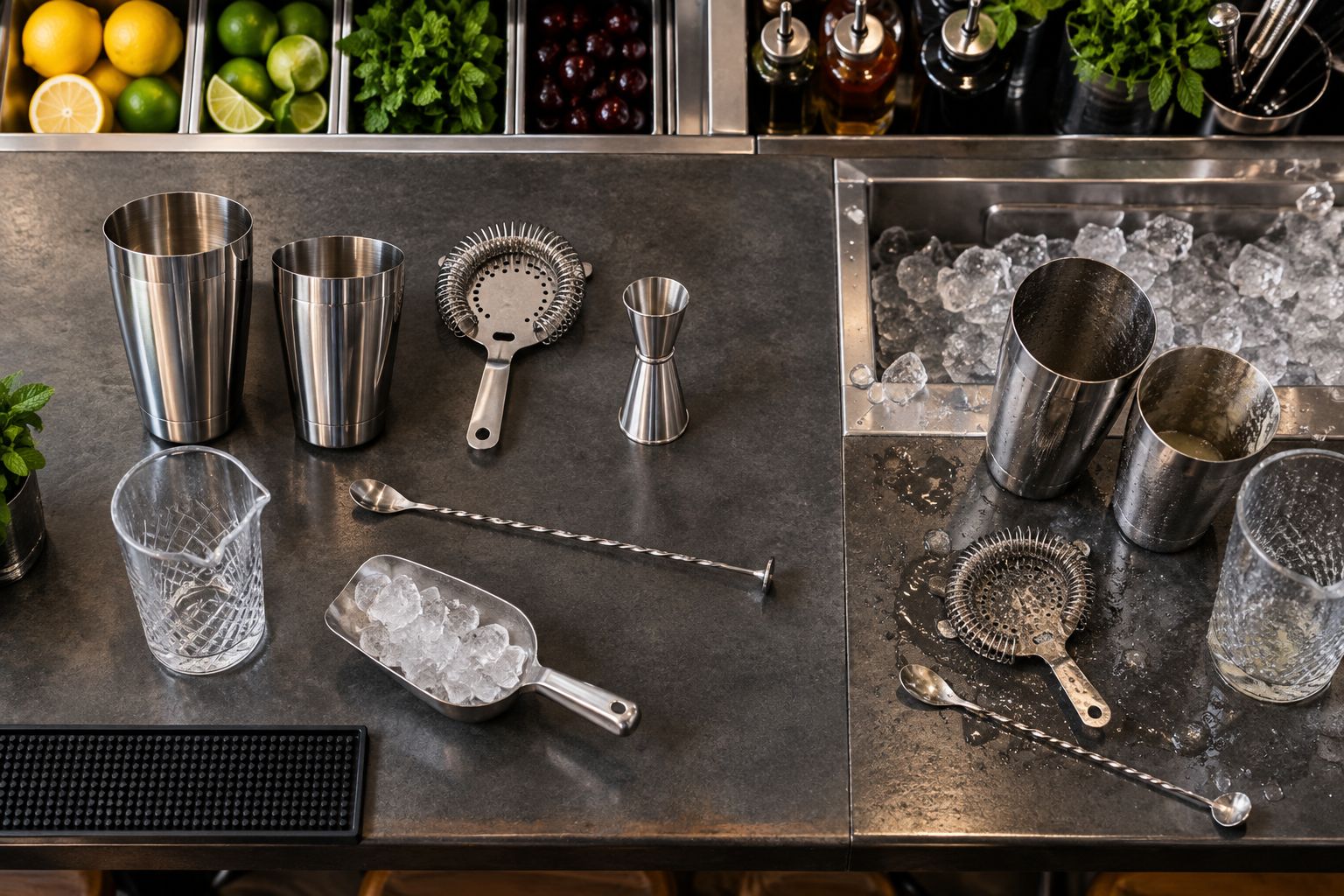 Bar workstation with shaker tins, a strainer, a measuring cup, and separate preparation and used-tool areas