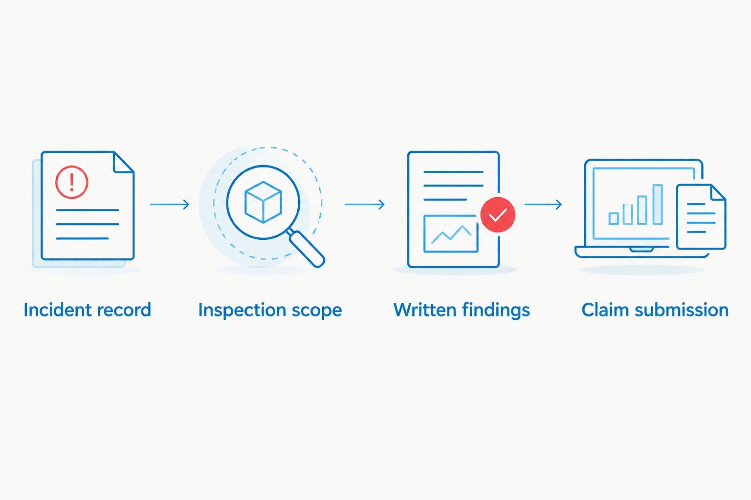 Sequence from incident record through inspection and claim submission