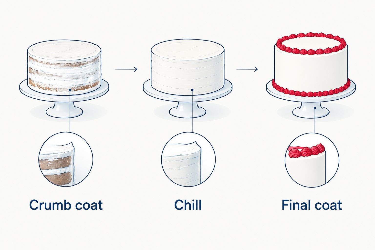 Three stages for frosting a birthday cake: crumb coat, chill, and final coat
